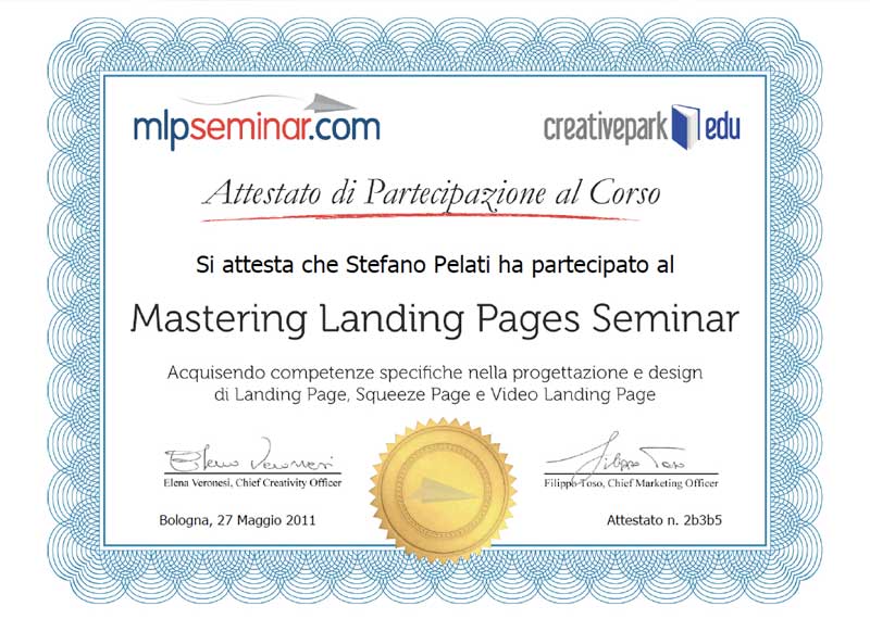 Attestato partecipazione al corso Mastering Landing Pages